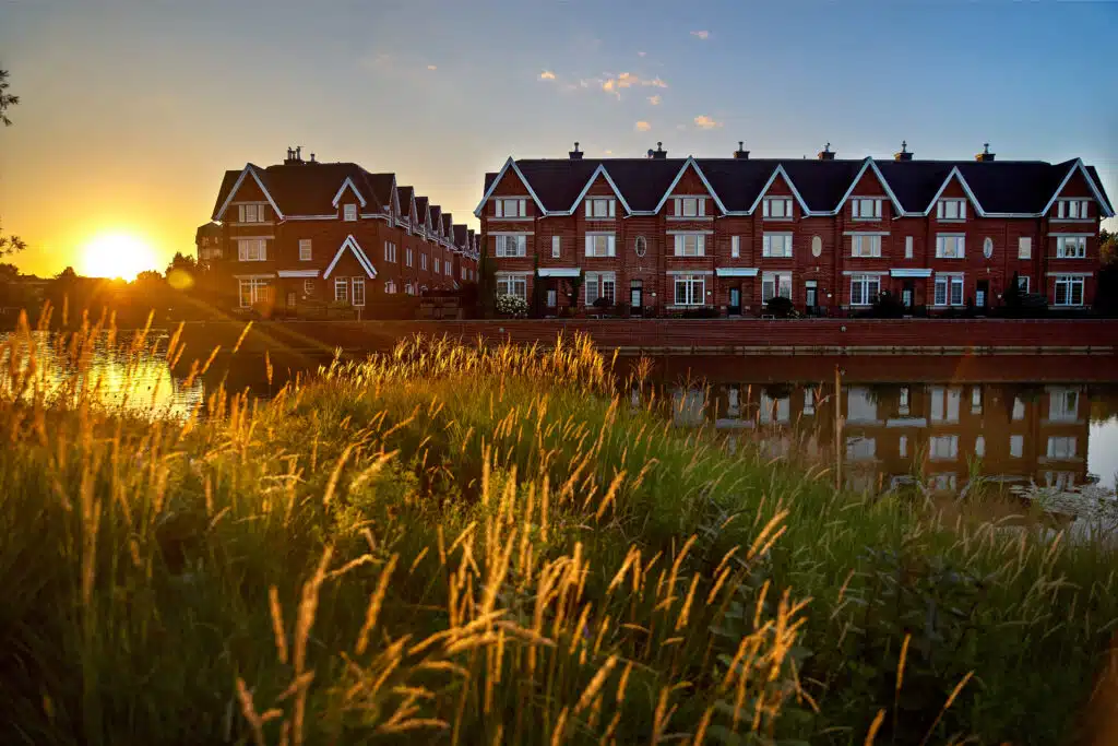 Senior living apartments with a sunset.