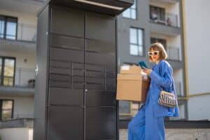 woman using a package locker